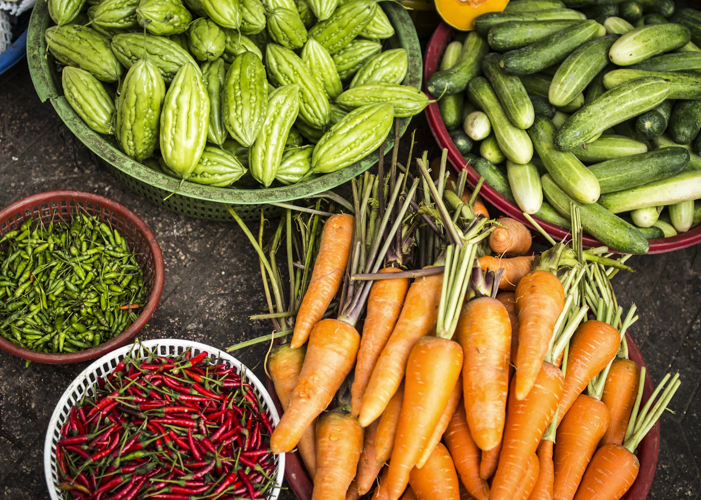 Fresh produce arranged in market baskets