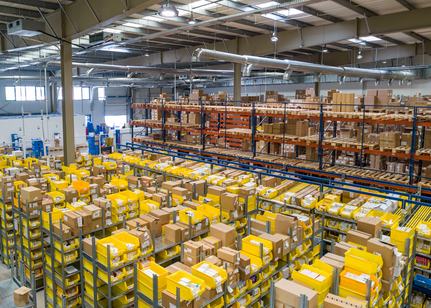 Goods stored on warehouse shelves